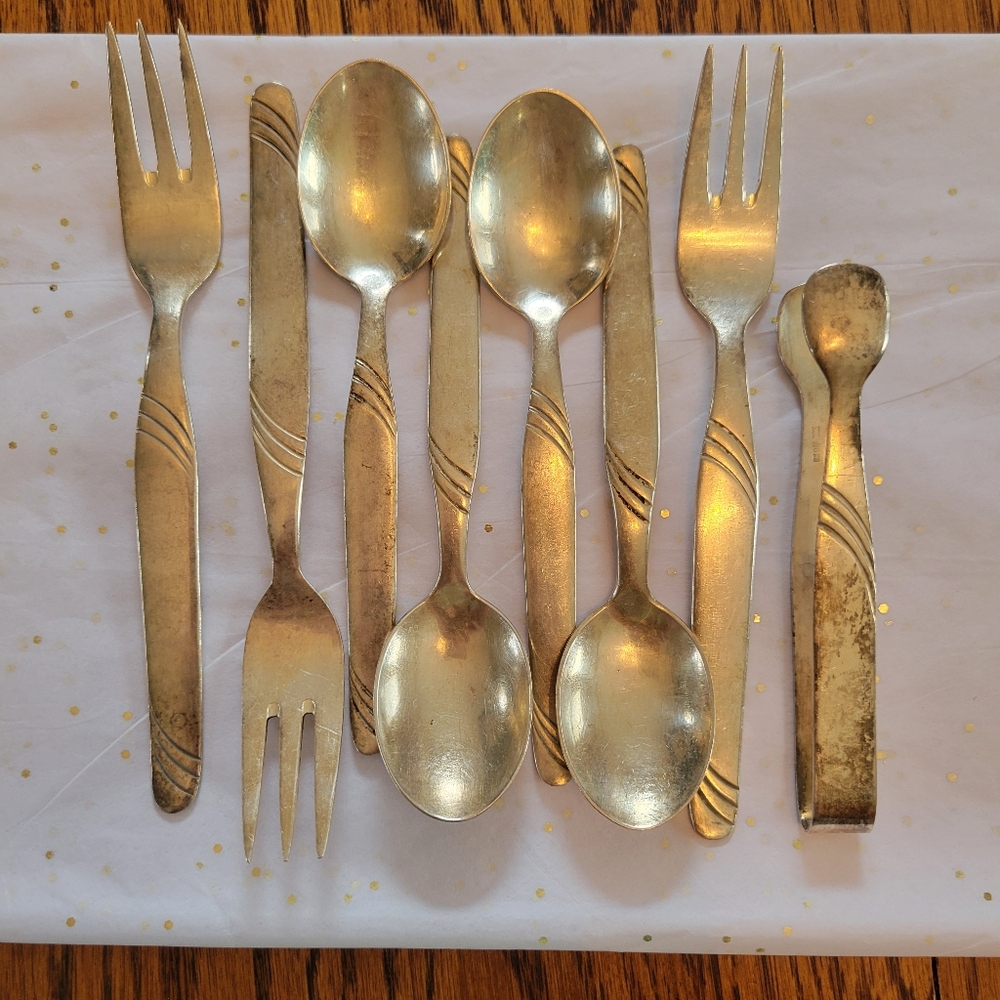 Vintage Flatware Small Spoons (4) Forks (3) Tongs Silverplate 1930s - 1940s(?)